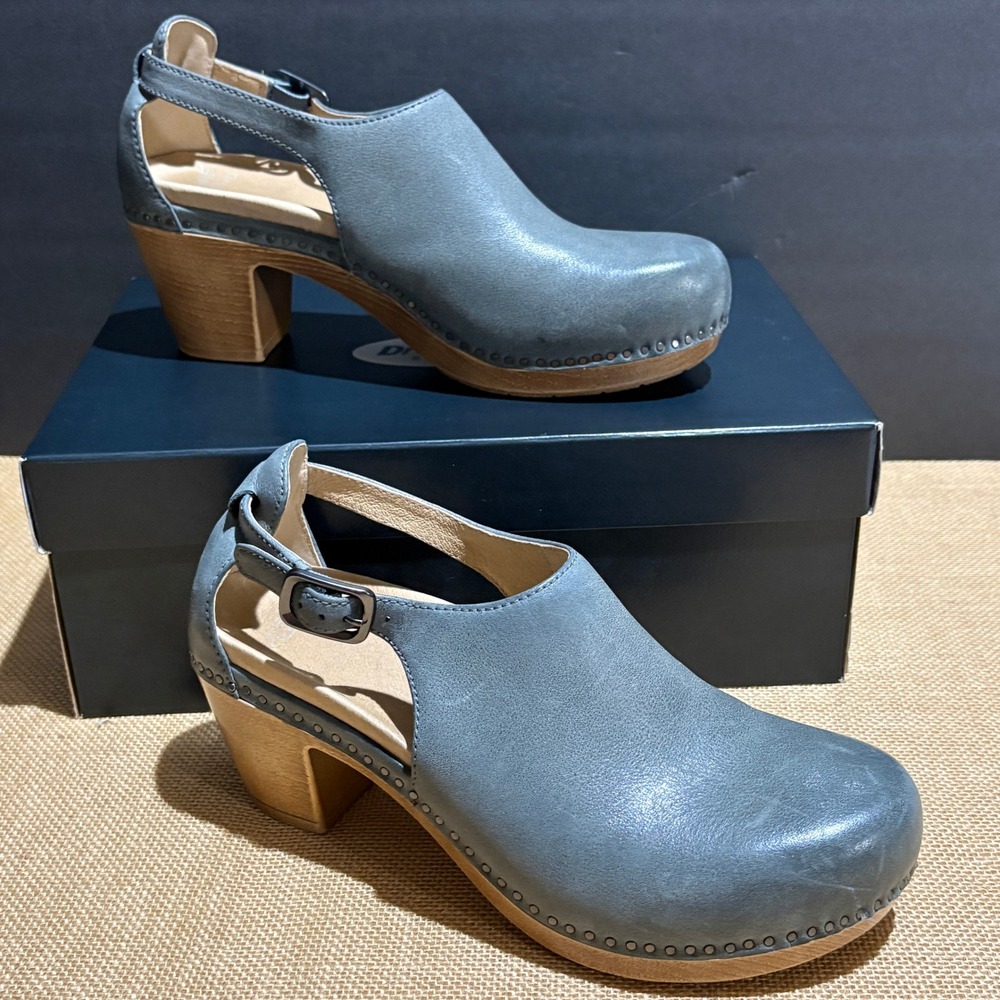 Dansko Women Leather Sassy Clogs 39 US 8.5 Slate Ankle Strap Block Heel Comfort